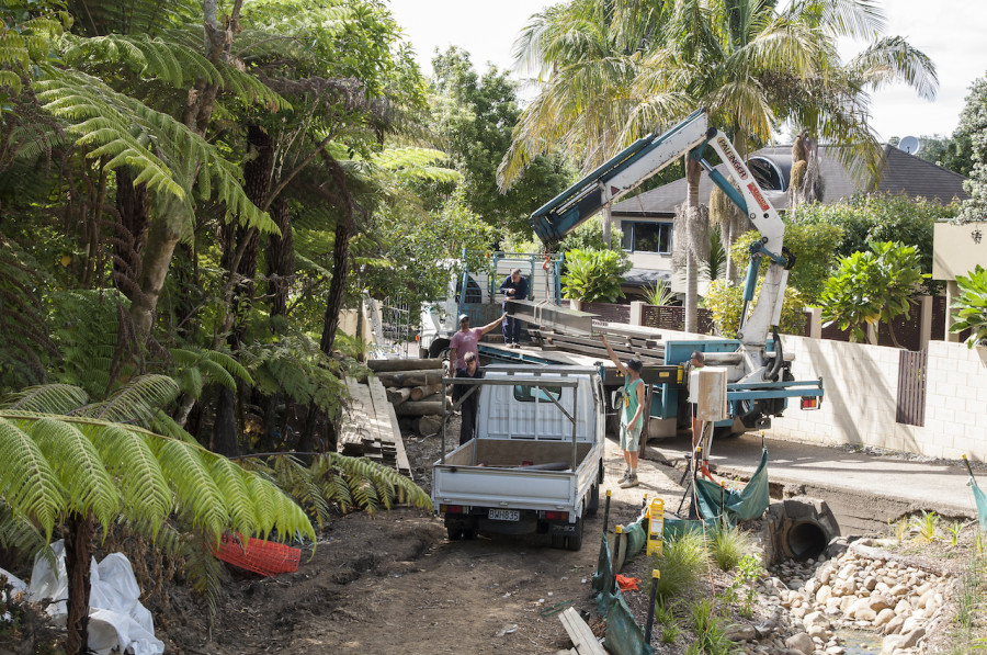 The steel for our sub floor arriving on site. This one weighed over a tonne - lots of man power was needed to get it into place!
