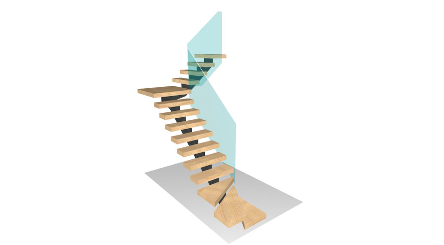 A 3D model of what our stairs will look like, including pale timber treads and an ironsand coloured steel stringer