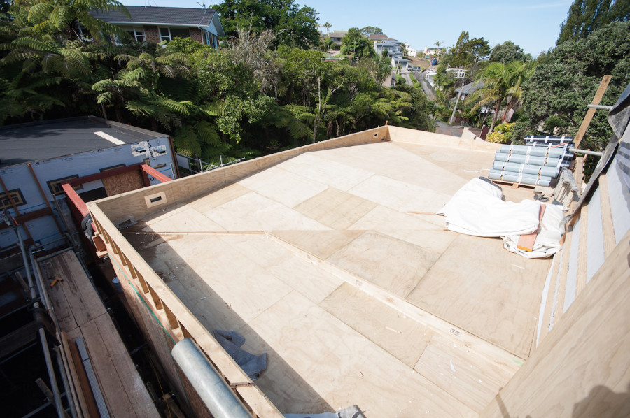 The ply down and falls created, waiting for the primer to be painted on. From the roof, you suddenly remember that we have neighbours!