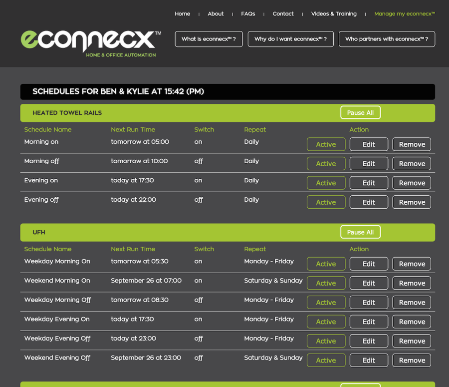 Once on a computer you can add and edit your schedules. Here you can see our underfloor heating and towel rails. It's very intuitive and automated, right down to dusk, dawn and public holiday settings.